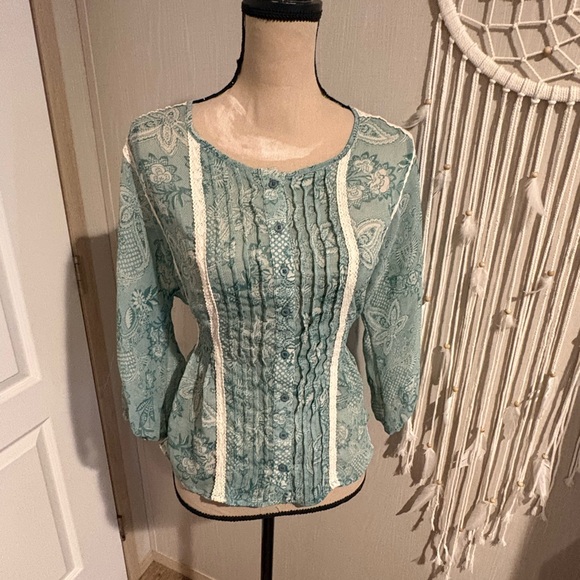 American Rag Tops - American Rag Teal Button-Down Blouse with Lace